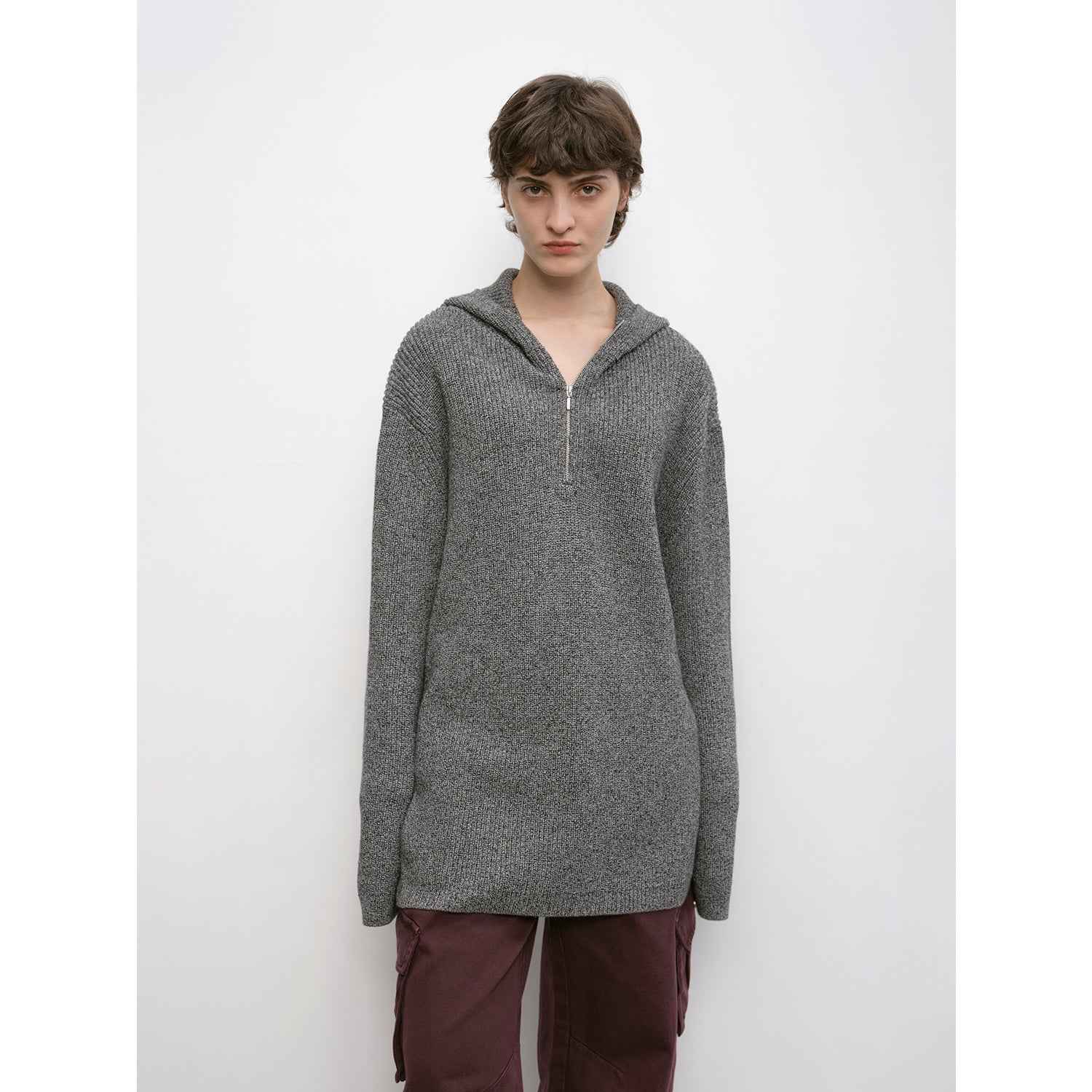 Women's zipper round neck wool hoodie oversized sweater Boyfriend Fit cozy long sleeve,"Autumn Ticket" - variant_title