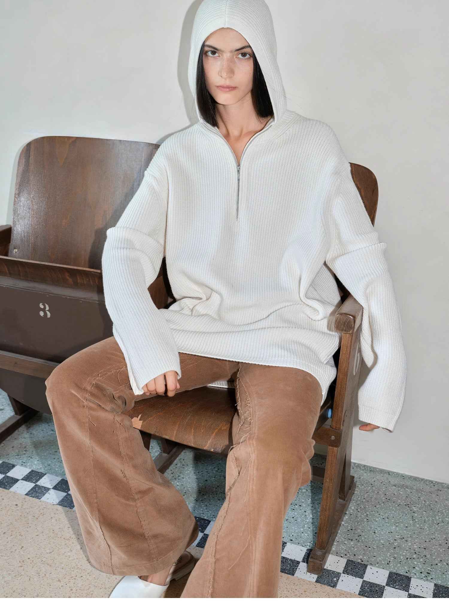 Women's zipper round neck wool hoodie oversized sweater Boyfriend Fit cozy long sleeve,"Autumn Ticket" - variant_title