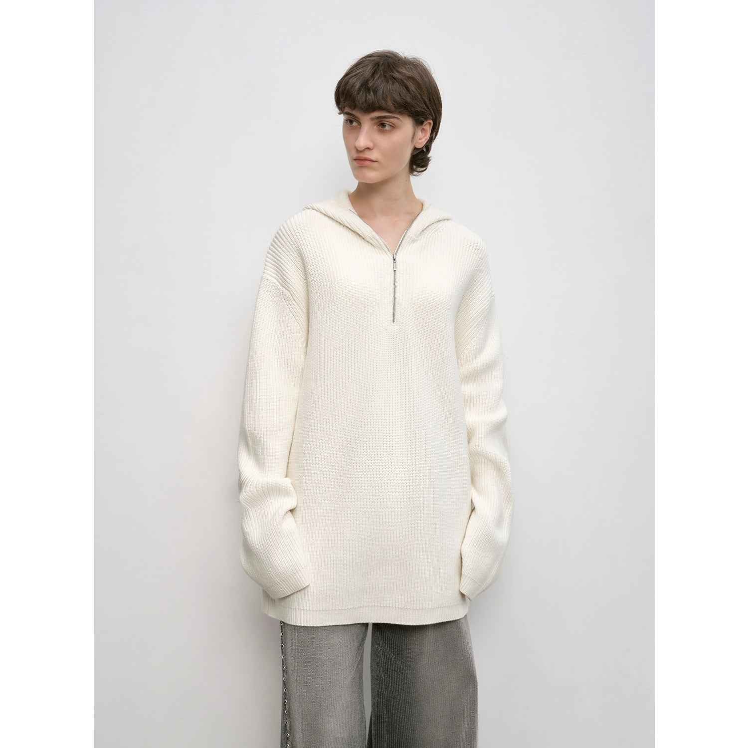 Women's zipper round neck wool hoodie oversized sweater Boyfriend Fit cozy long sleeve,"Autumn Ticket" - variant_title