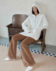 Women's zipper round neck wool hoodie oversized sweater Boyfriend Fit cozy long sleeve,"Autumn Ticket" - variant_title