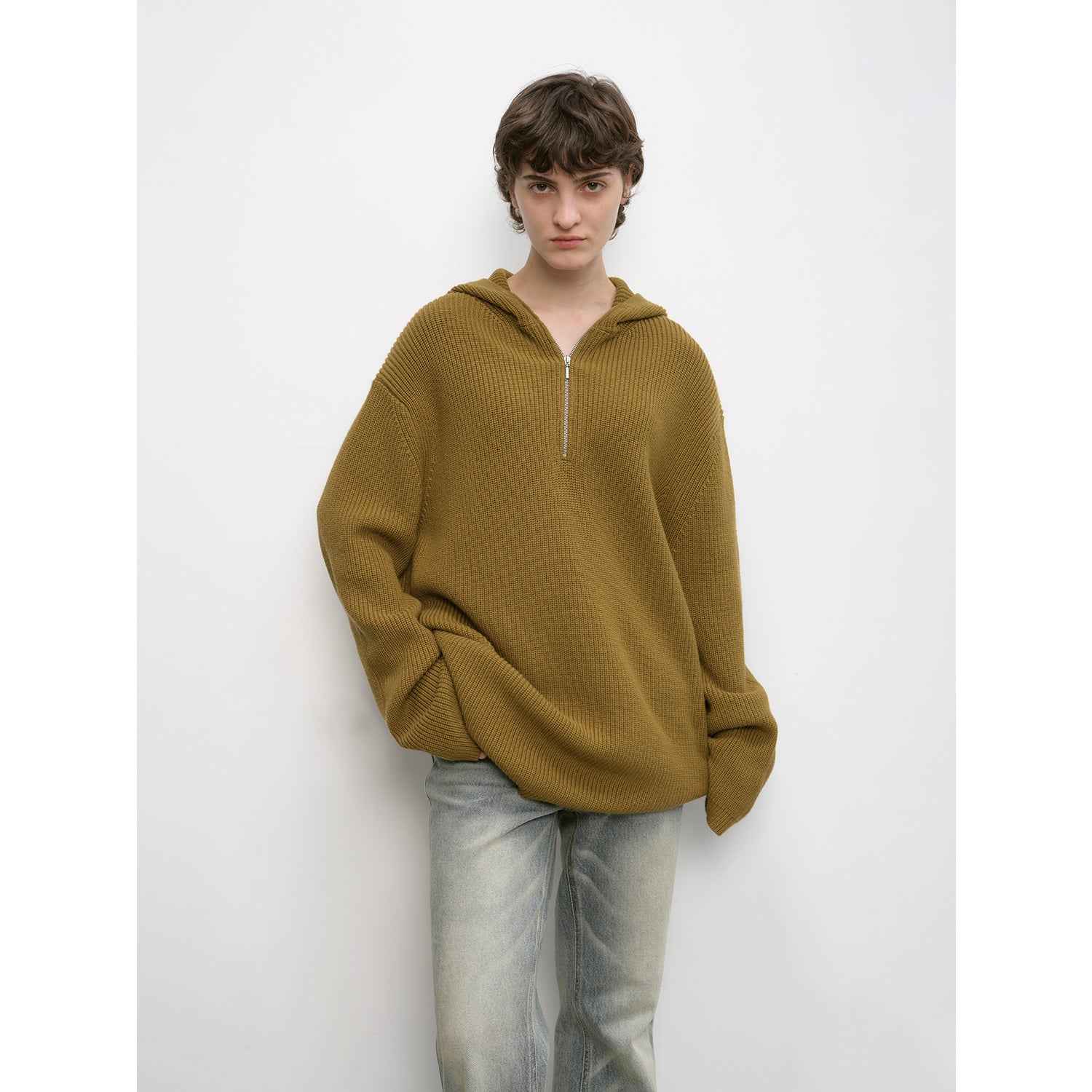 Women's zipper round neck wool hoodie oversized sweater Boyfriend Fit cozy long sleeve,"Autumn Ticket" - variant_title