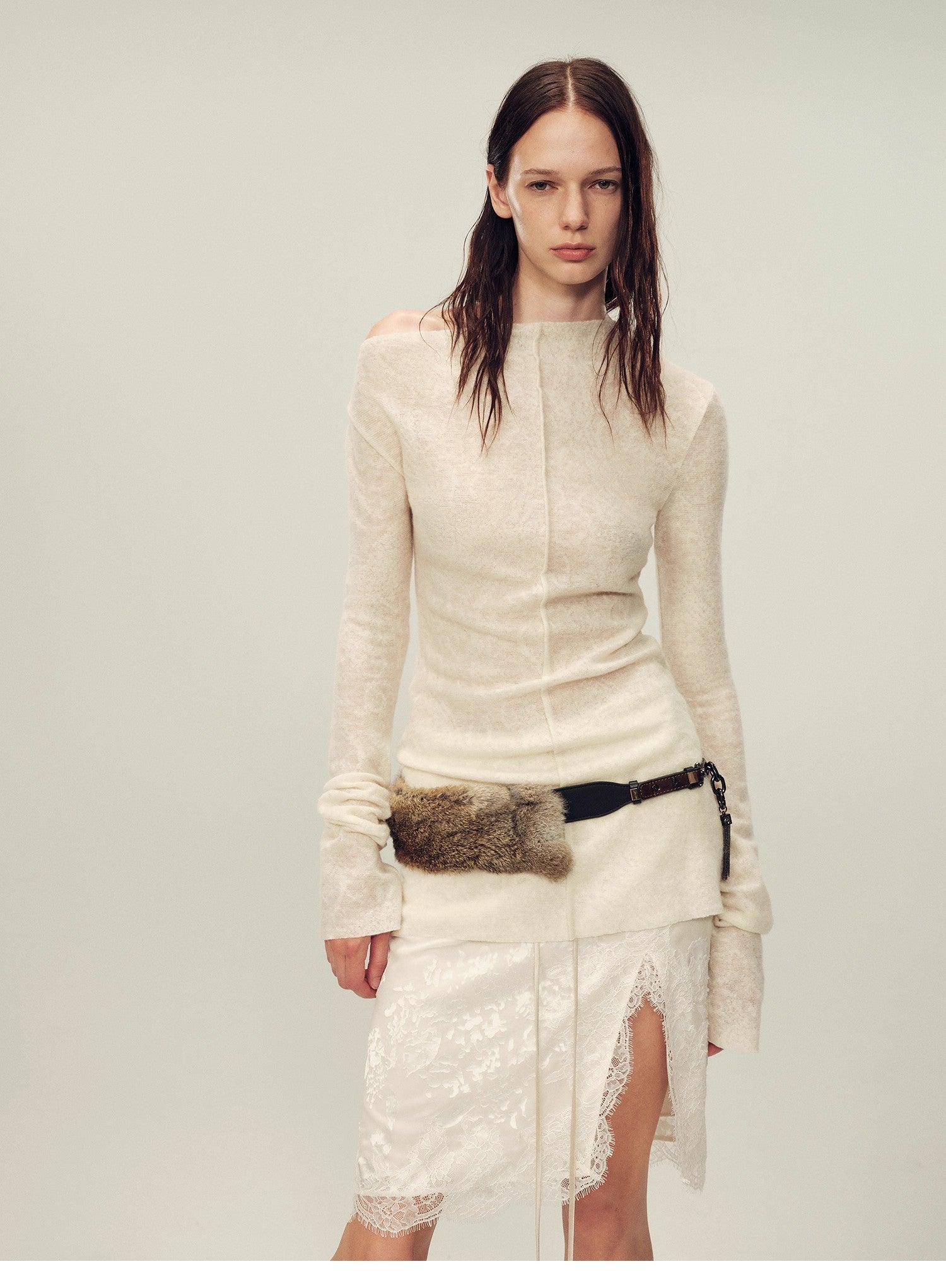 Wool blended texture velvet jacquard oblique shoulder knitted bottoming shirt for women in autumn "Morning Mist White" - variant_title
