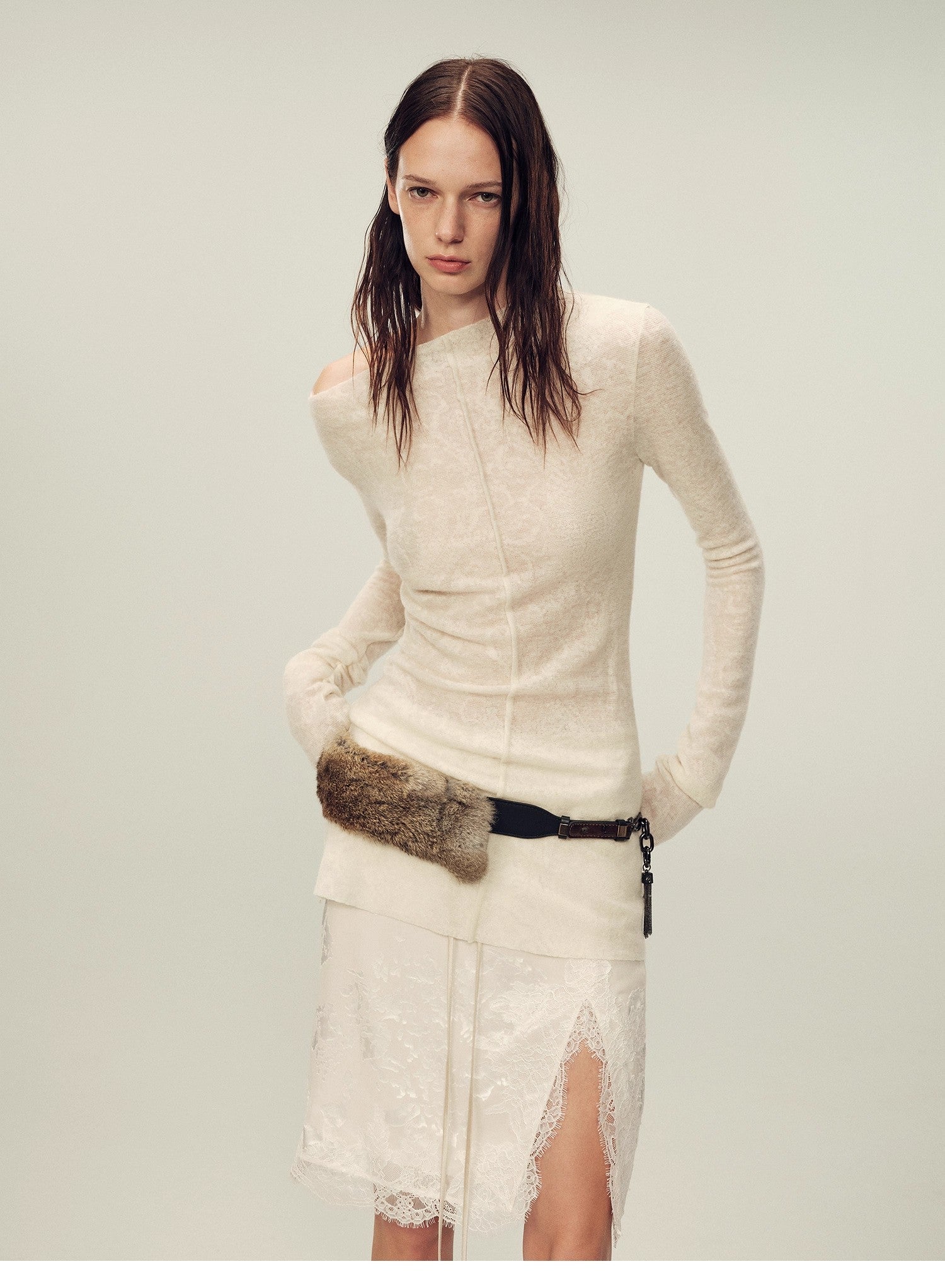 Wool blended texture velvet jacquard oblique shoulder knitted bottoming shirt for women in autumn "Morning Mist White" - variant_title