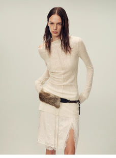 Wool blended texture velvet jacquard oblique shoulder knitted bottoming shirt for women in autumn "Morning Mist White" - variant_title