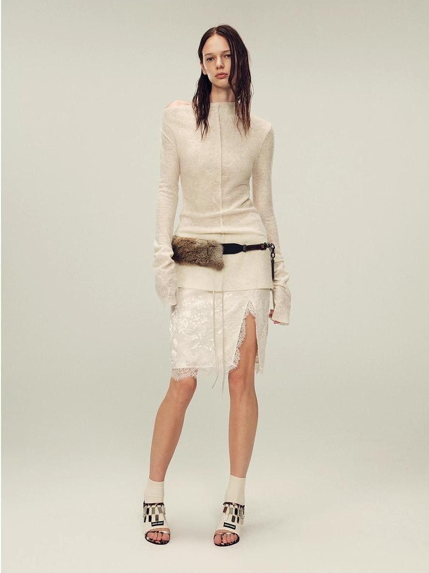 Wool blended texture velvet jacquard oblique shoulder knitted bottoming shirt for women in autumn "Morning Mist White" - variant_title