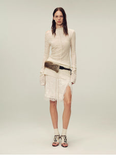 Wool blended texture velvet jacquard oblique shoulder knitted bottoming shirt for women in autumn "Morning Mist White" - variant_title