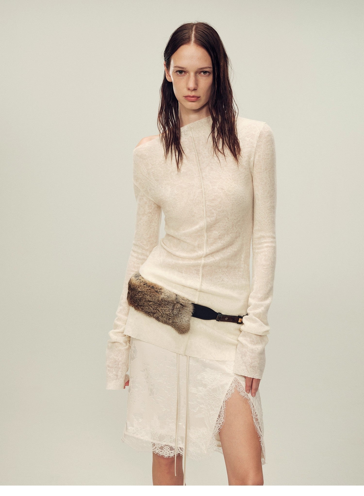 Wool blended texture velvet jacquard oblique shoulder knitted bottoming shirt for women in autumn "Morning Mist White" - variant_title
