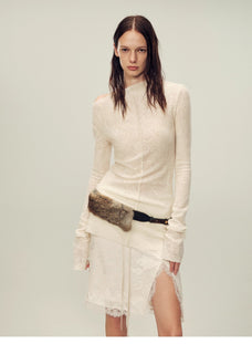 Wool blended texture velvet jacquard oblique shoulder knitted bottoming shirt for women in autumn "Morning Mist White" - variant_title