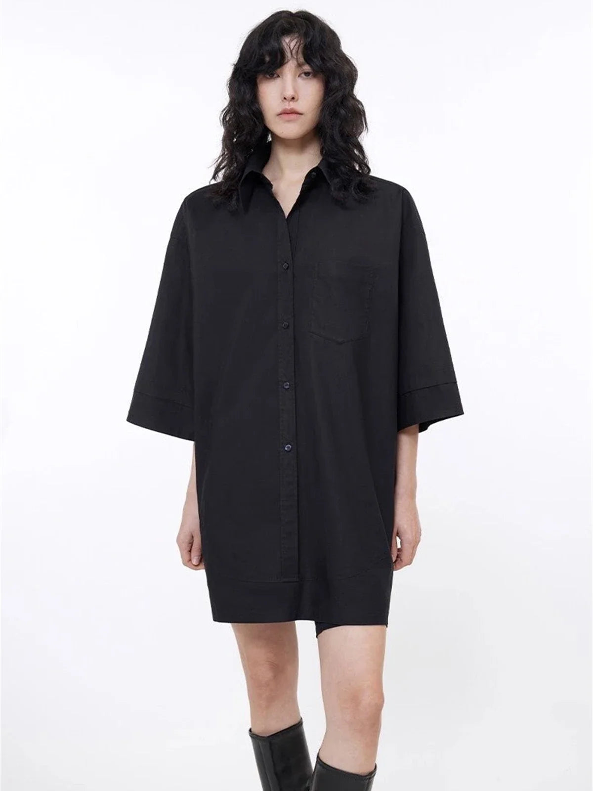 Black paneled pullover shirt front view
