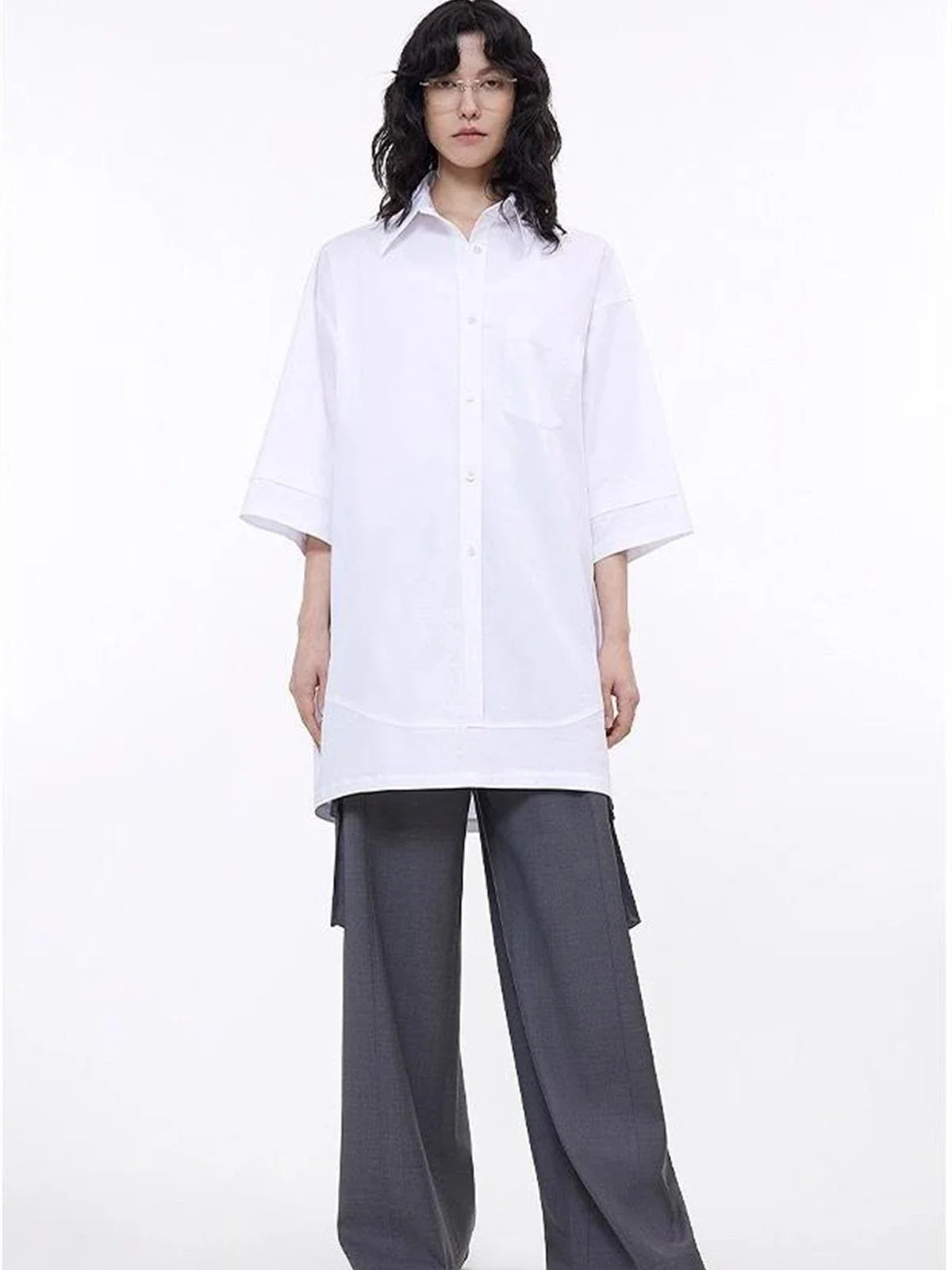 Green rice white oversized pullover shirt on model