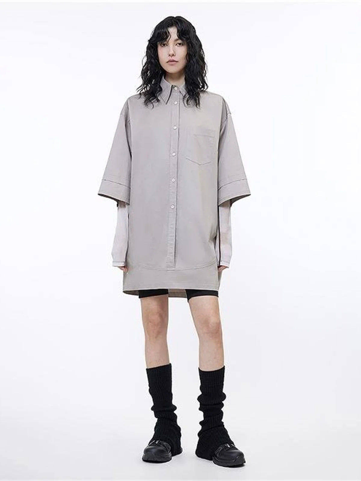 Khaki paneled pullover shirt front view