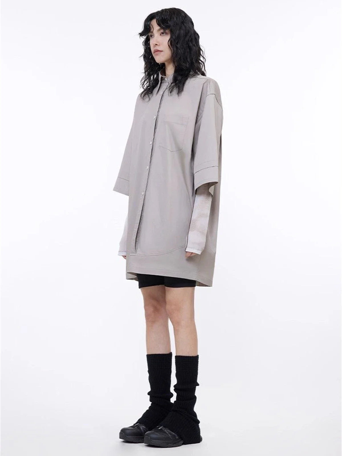 Khaki paneled pullover shirt side view
