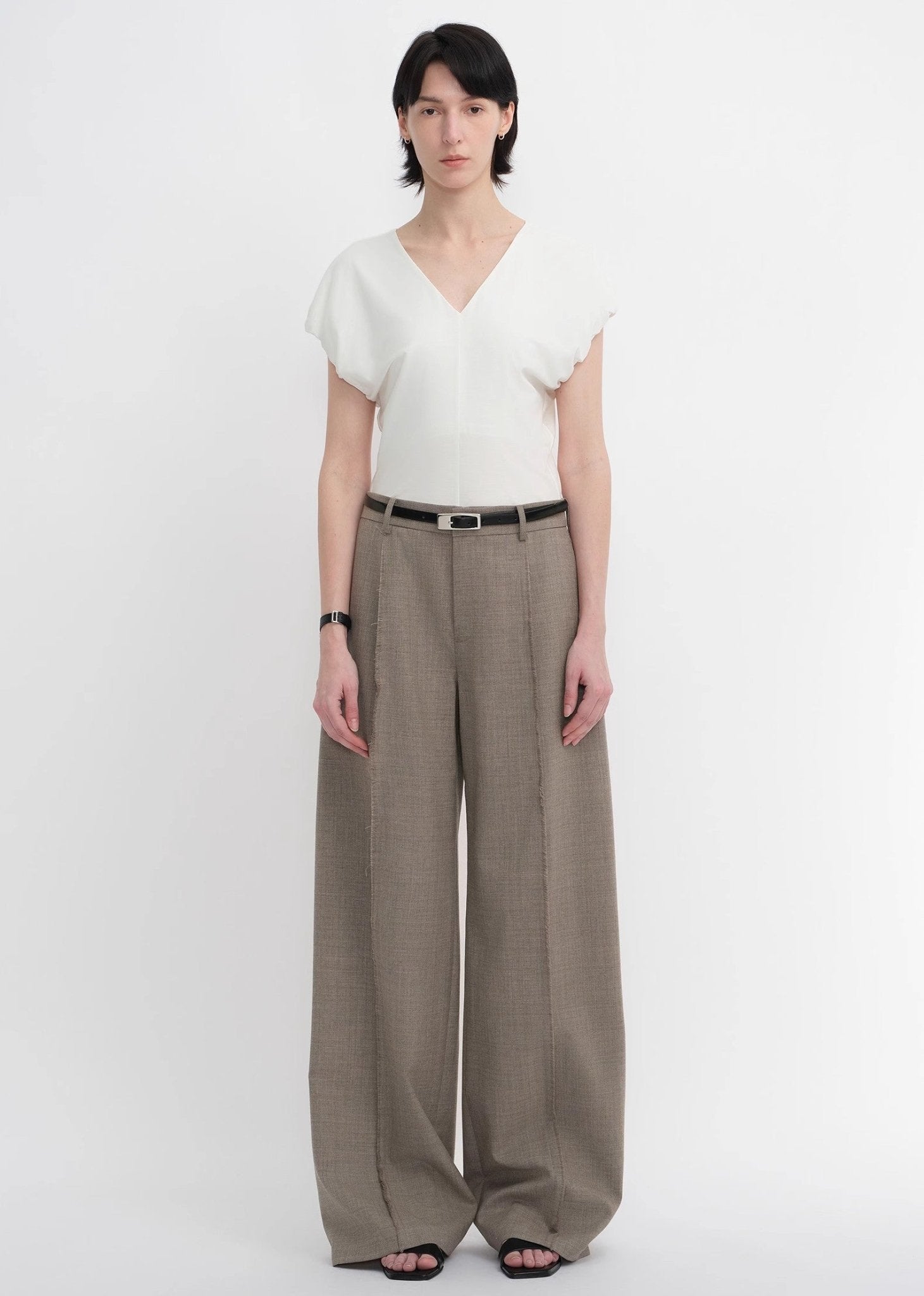Worsted wool commuter classic drapey raw edge loose straight wide - leg pants - variant_title