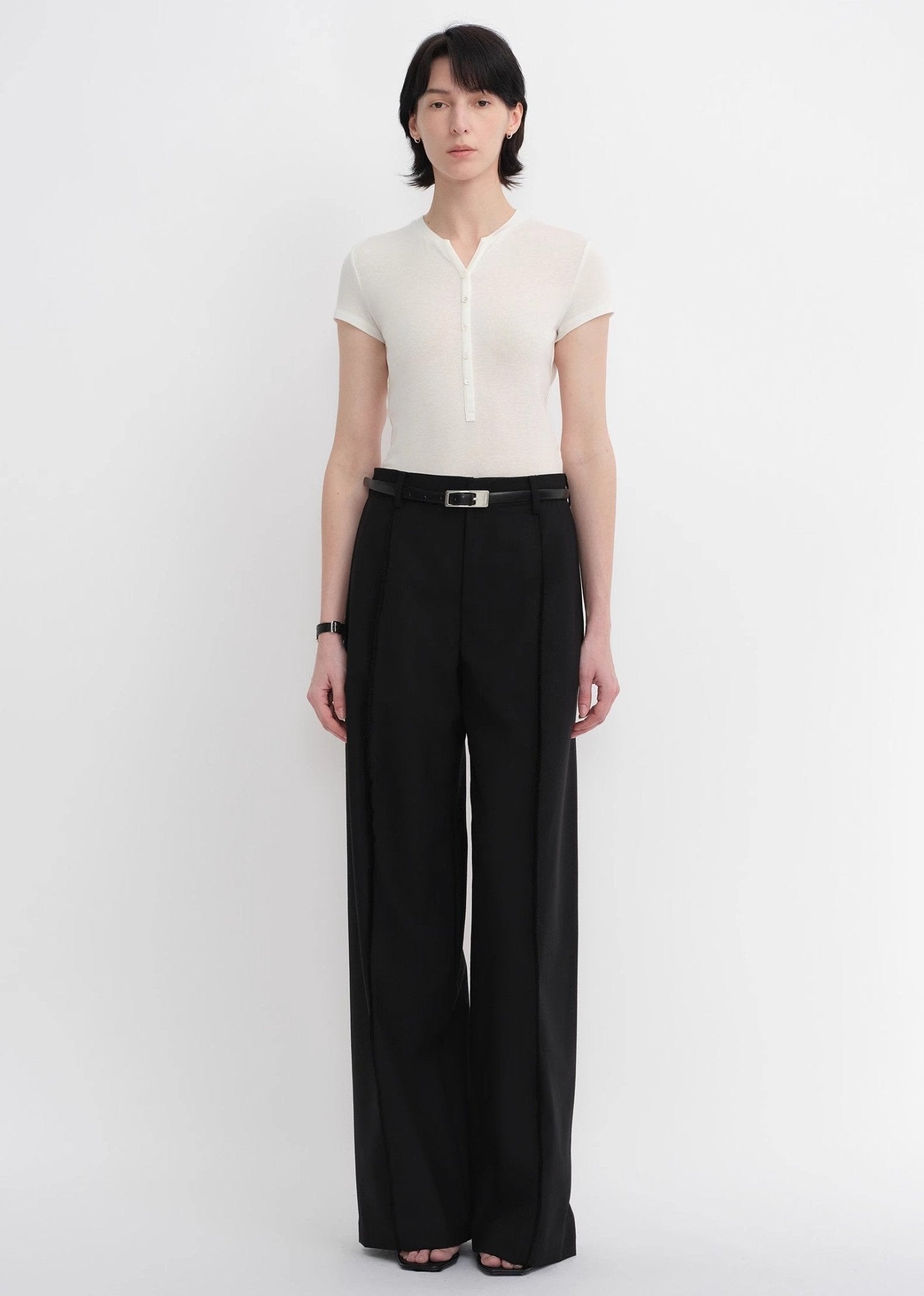 Worsted wool commuter classic drapey raw edge loose straight wide - leg pants - variant_title