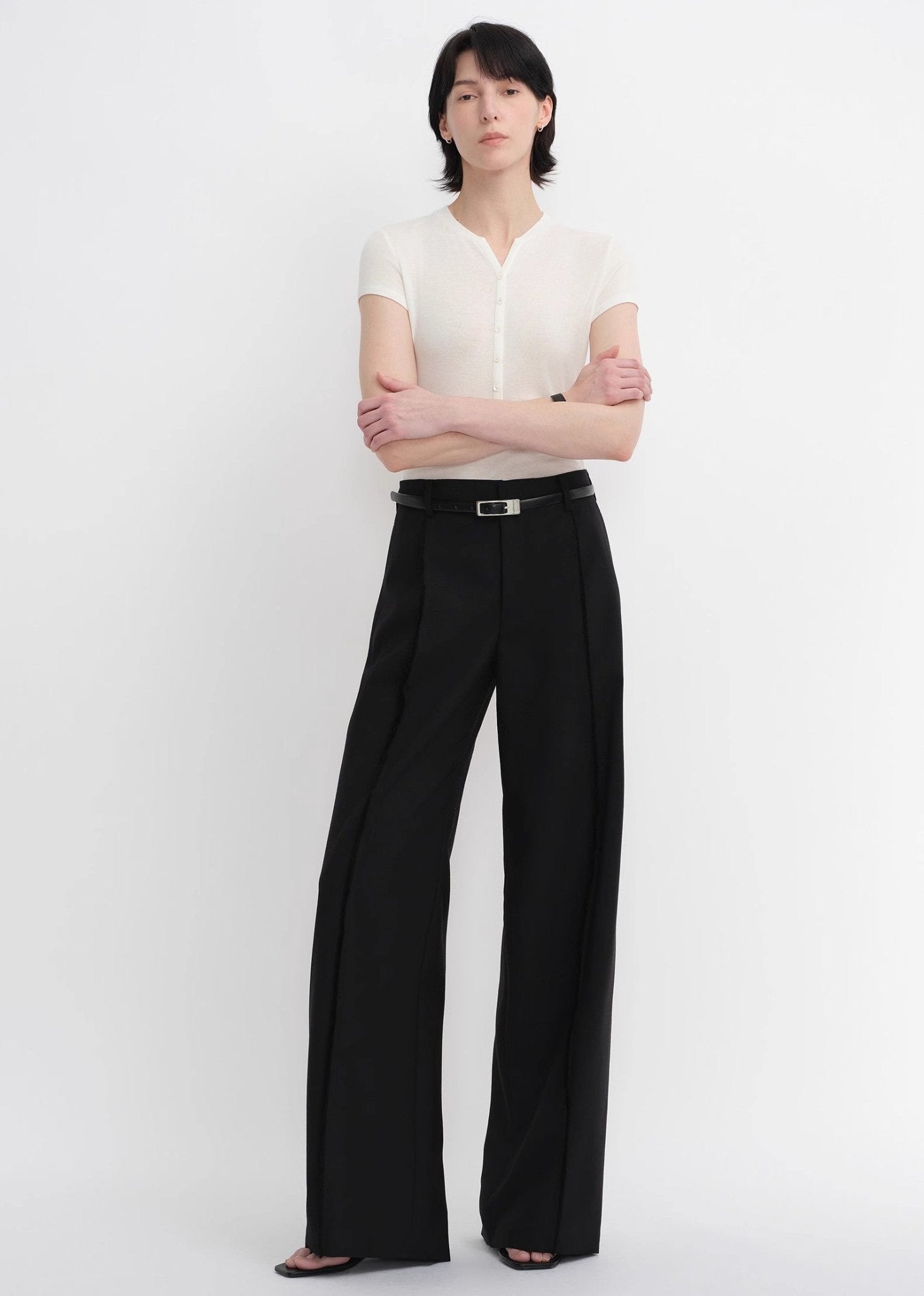 Worsted wool commuter classic drapey raw edge loose straight wide - leg pants - variant_title