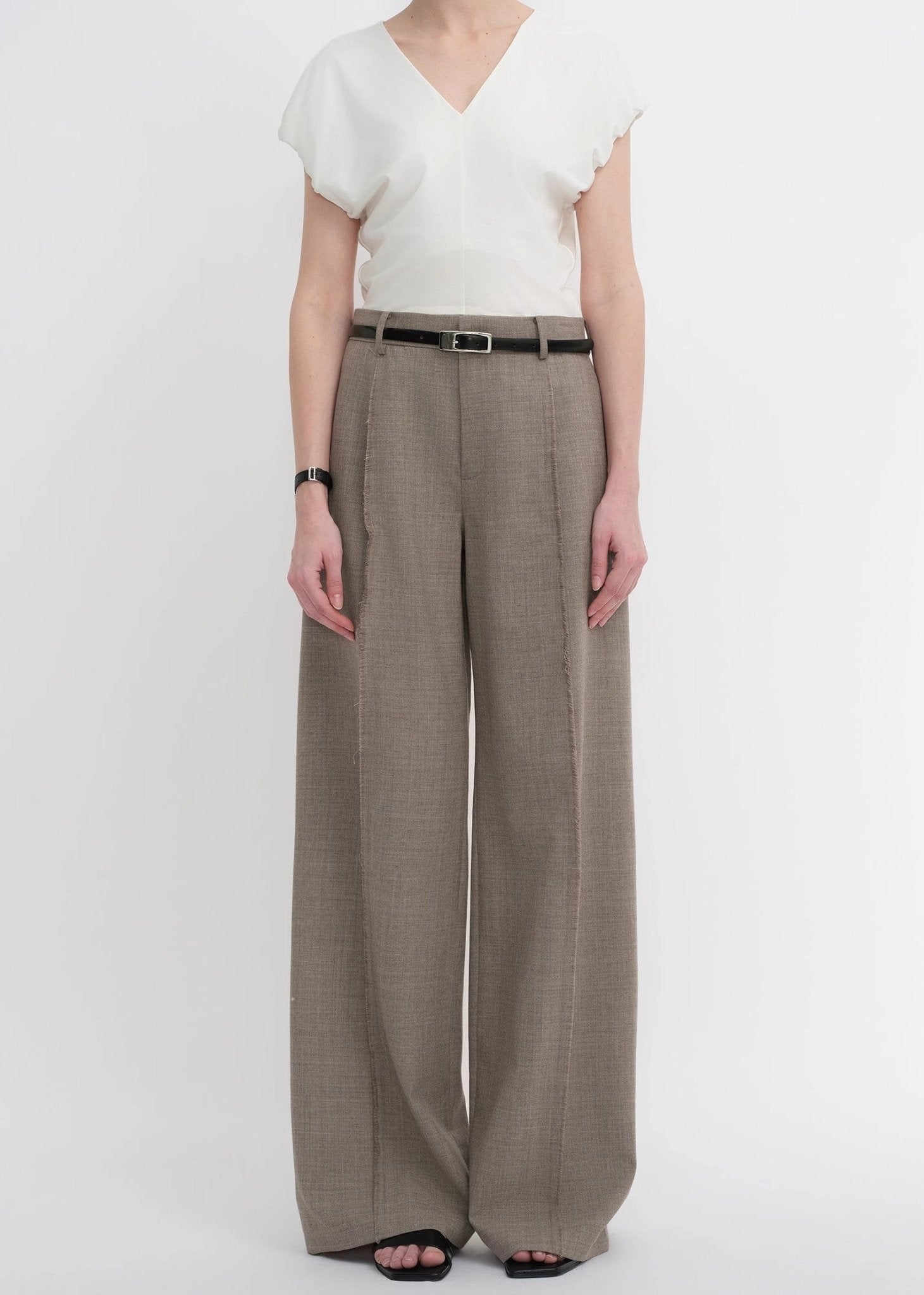 Worsted wool commuter classic drapey raw edge loose straight wide - leg pants - variant_title