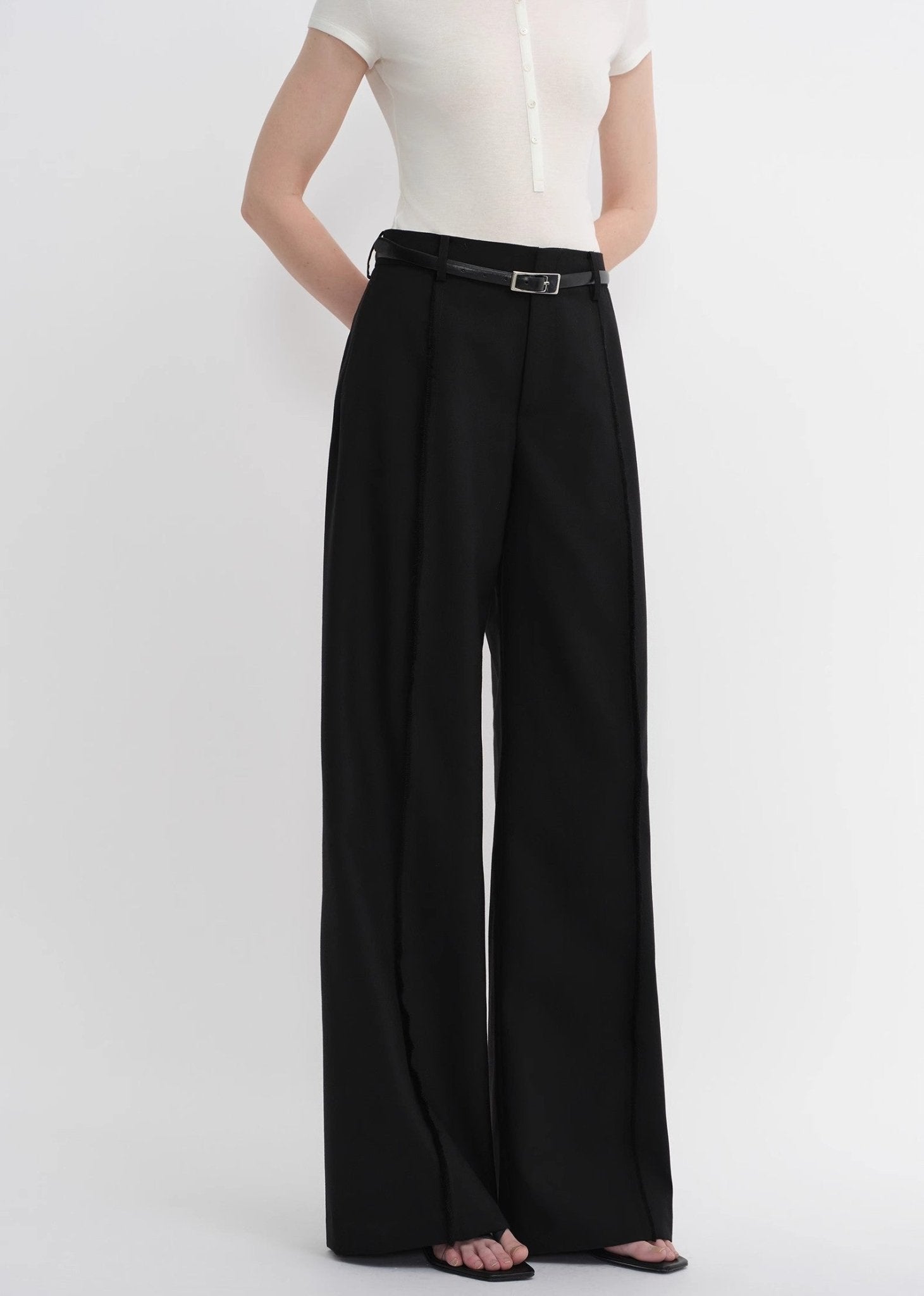 Worsted wool commuter classic drapey raw edge loose straight wide - leg pants - variant_title
