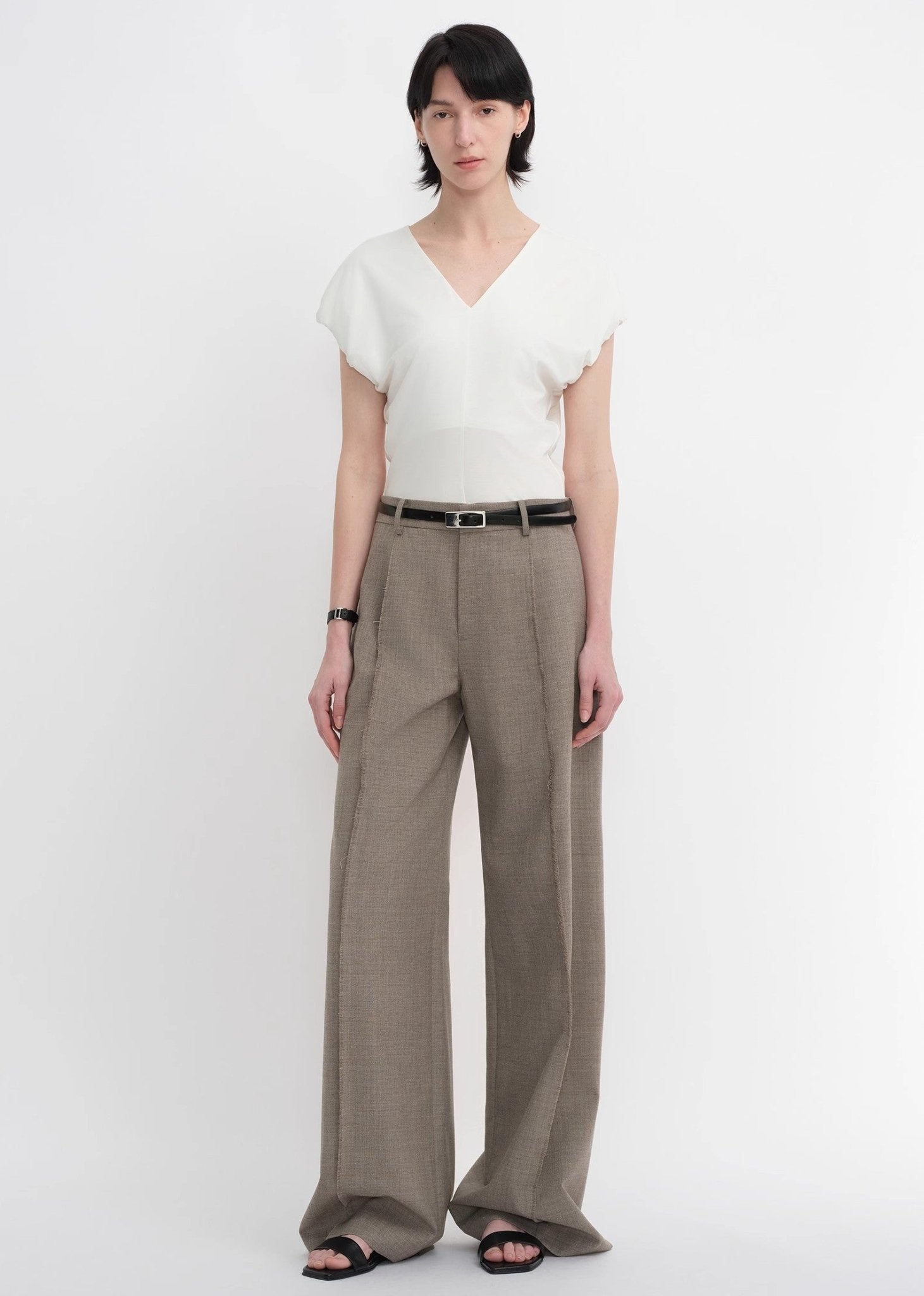 Worsted wool commuter classic drapey raw edge loose straight wide - leg pants - variant_title