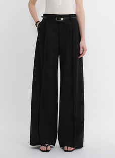 Worsted wool commuter classic drapey raw edge loose straight wide - leg pants - variant_title