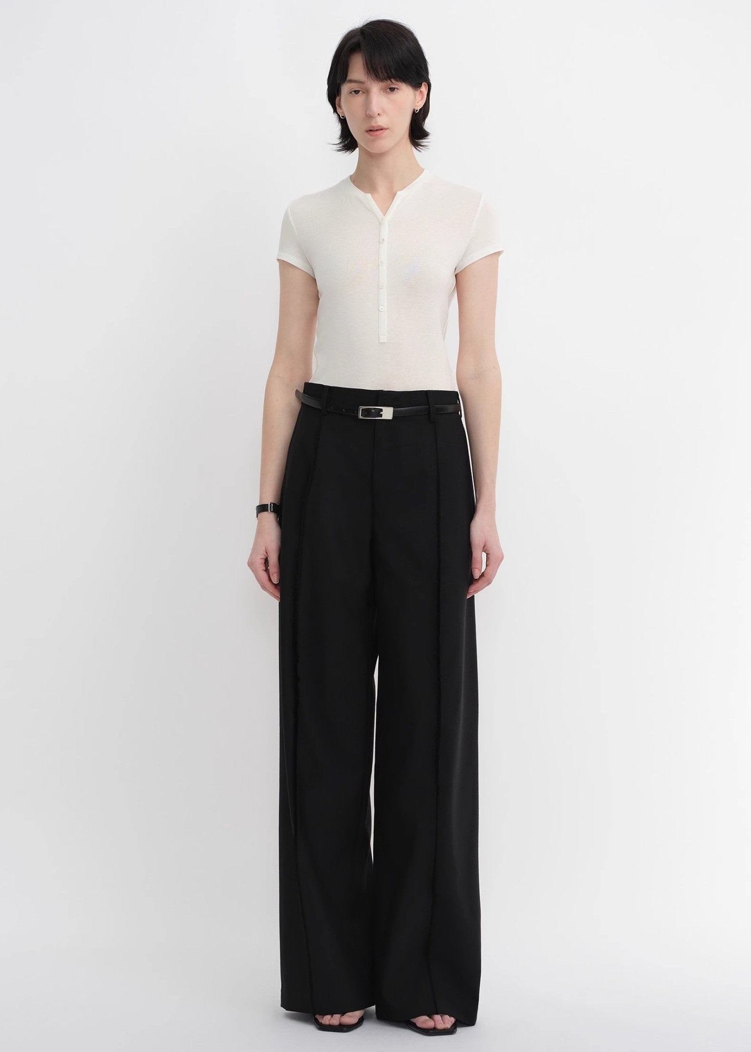 Worsted wool commuter classic drapey raw edge loose straight wide - leg pants - variant_title