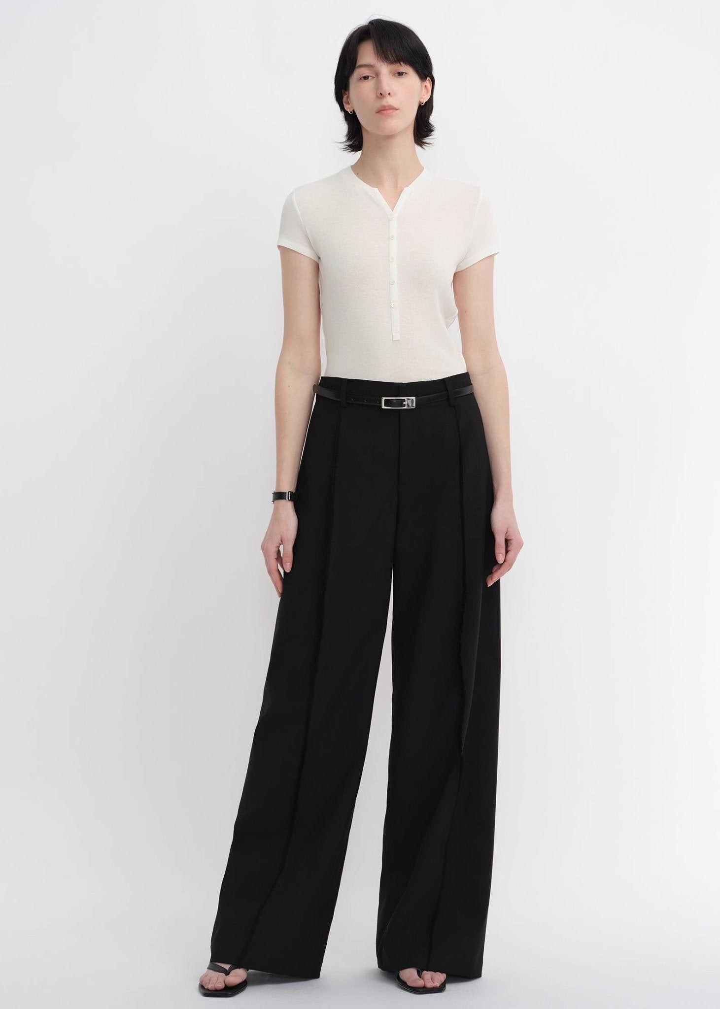 Worsted wool commuter classic drapey raw edge loose straight wide - leg pants - variant_title