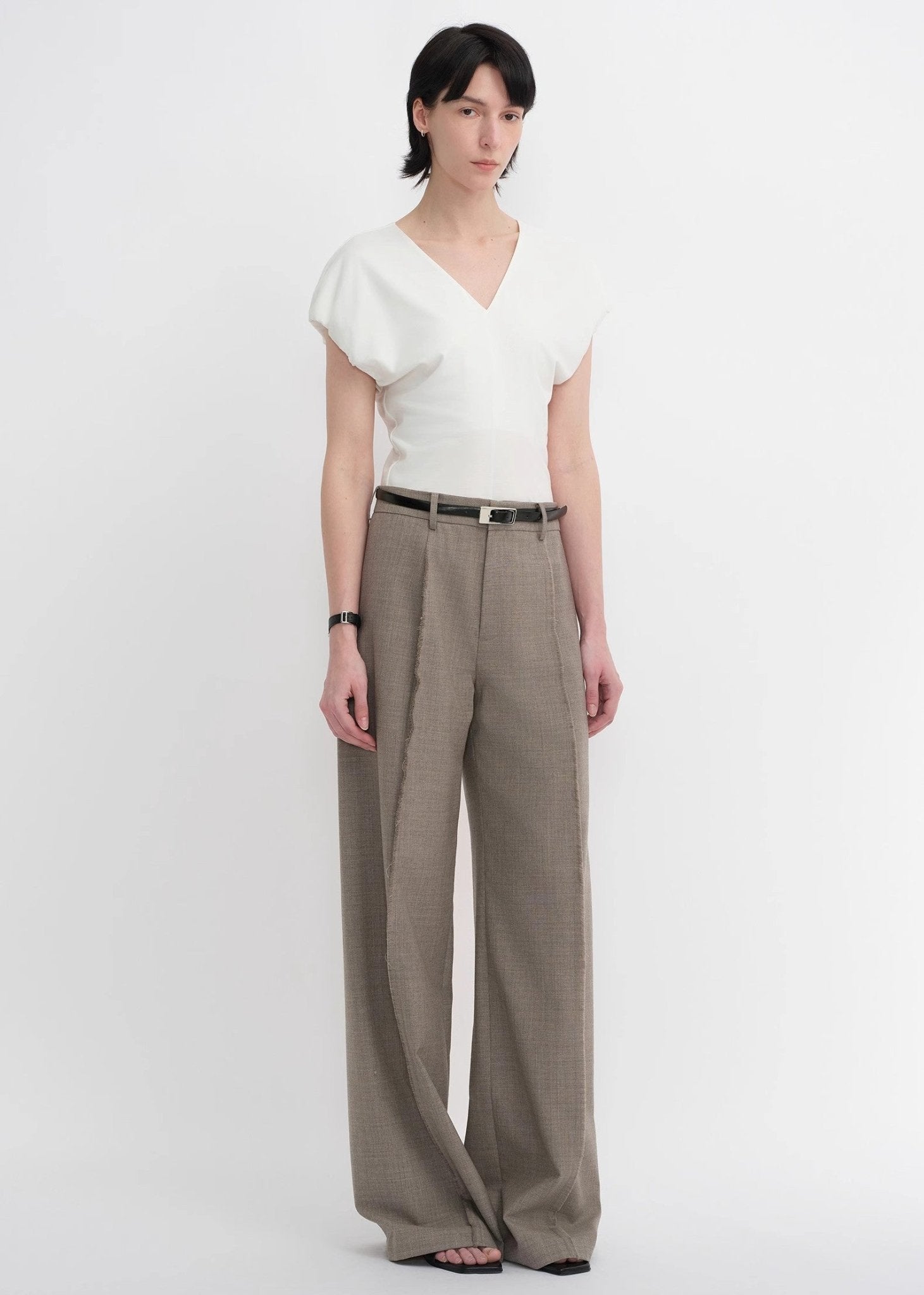 Worsted wool commuter classic drapey raw edge loose straight wide - leg pants - variant_title