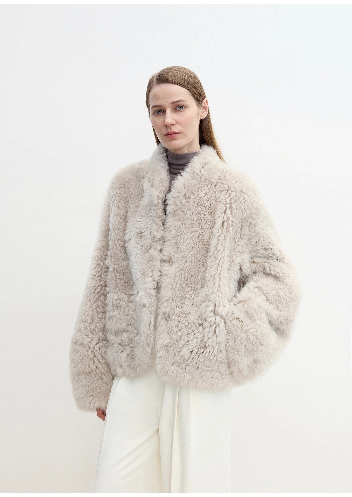"Yorta" imported Tuscan curly wool upper arc collar sheepskin coat - variant_title