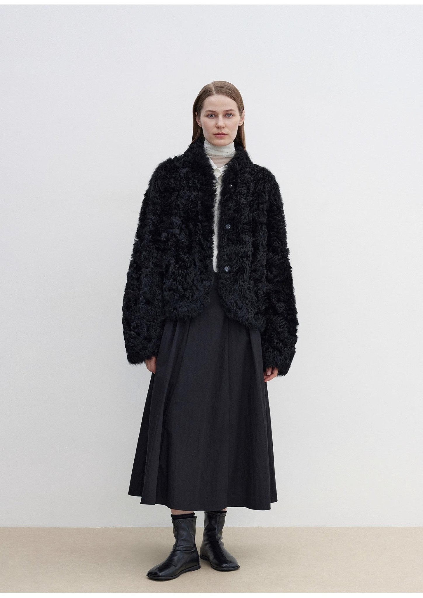 "Yorta" imported Tuscan curly wool upper arc collar sheepskin coat - variant_title