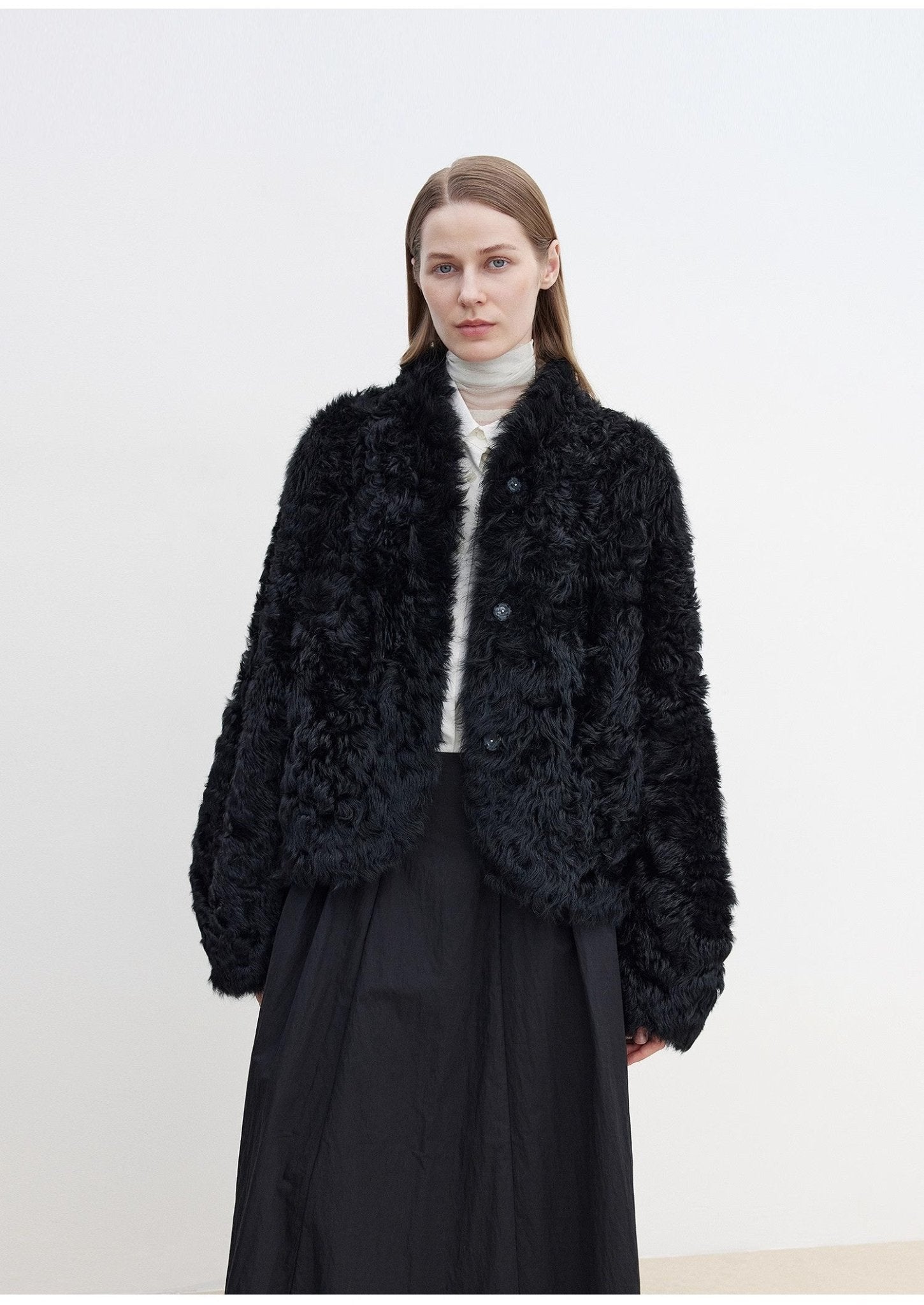 "Yorta" imported Tuscan curly wool upper arc collar sheepskin coat - variant_title