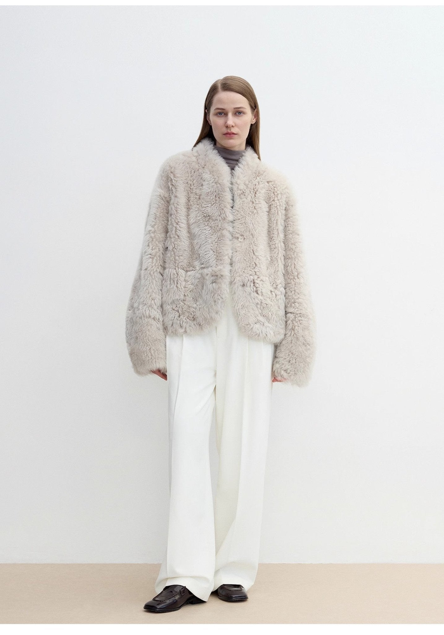"Yorta" imported Tuscan curly wool upper arc collar sheepskin coat - variant_title