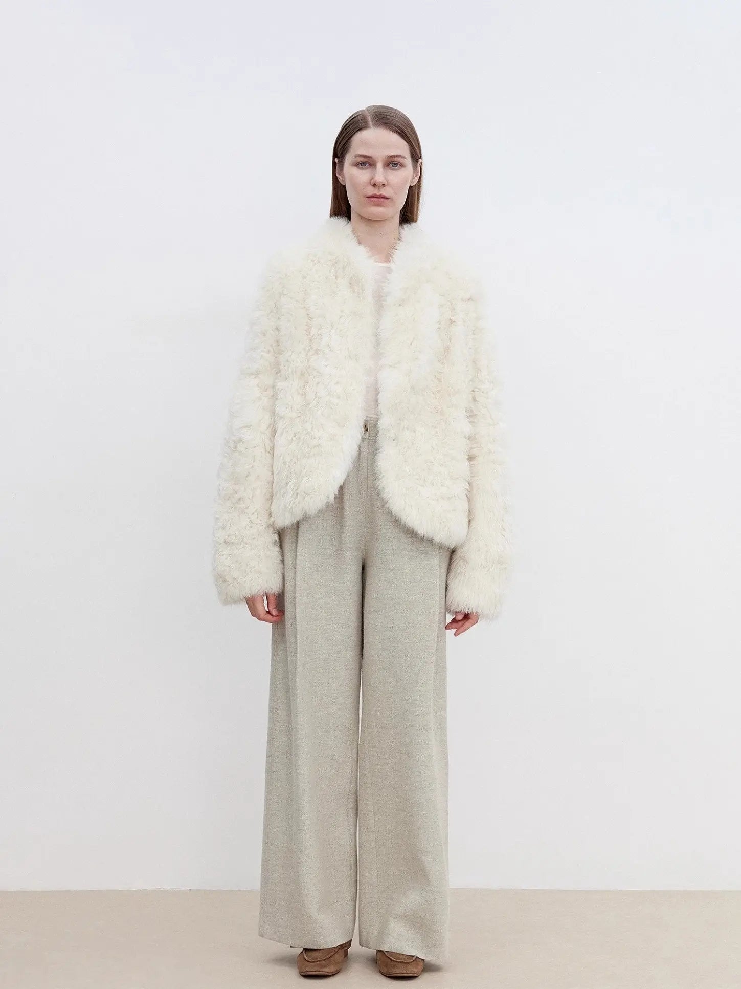 Front model view of Yorta white curly shearling jacket