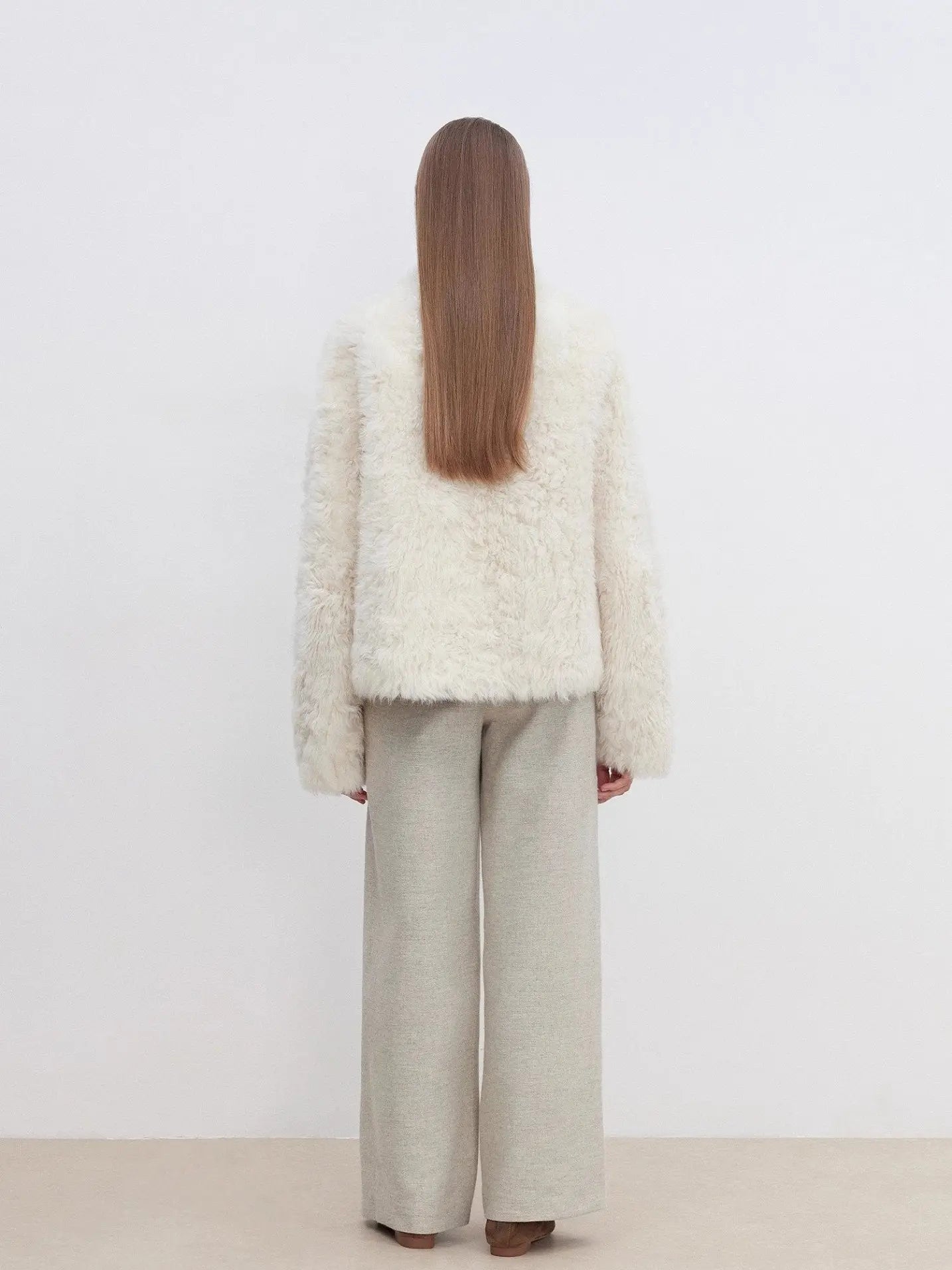 Back model view of Yorta white Toscana shearling jacket