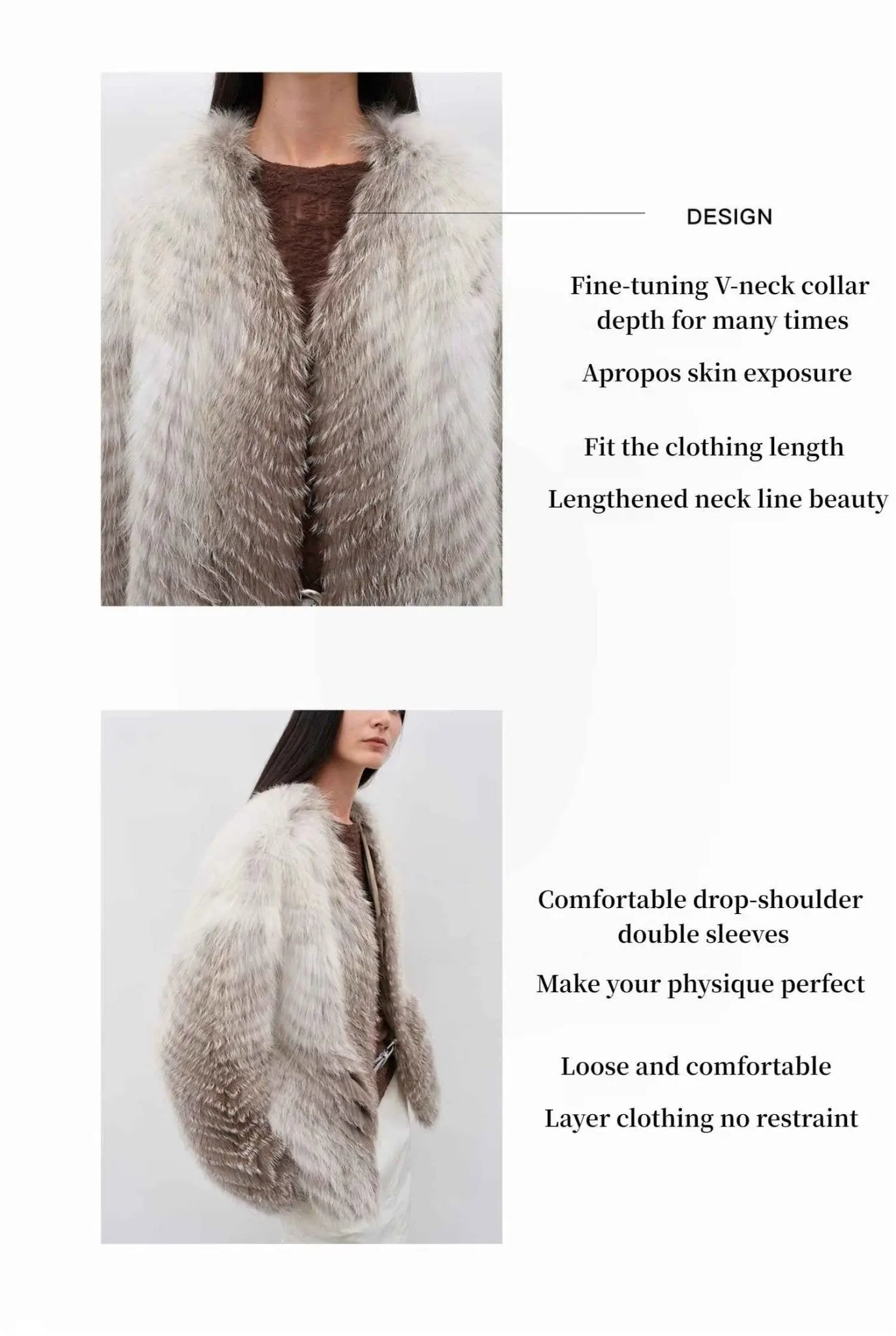 Yukino Dream fox fur coat V-neck design and silhouette details